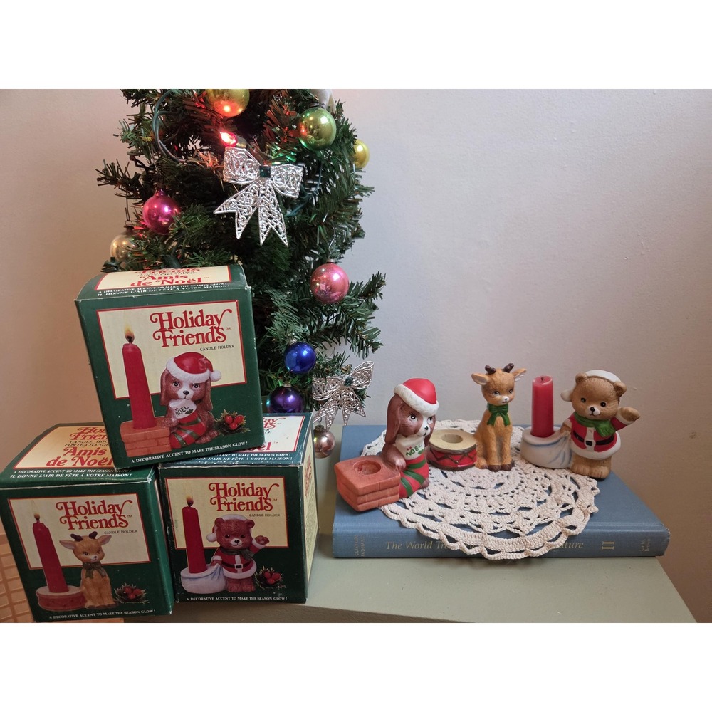 Vintage Holiday Friends Candle Holders Set of 3 JSNY Christmas Taiwan Boxed